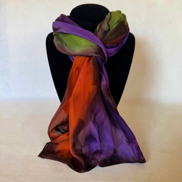 Artisan Accessories - Hand Painted Silk Scarf Purple Green Orange Rectangle Unique Head Neck Wrap New